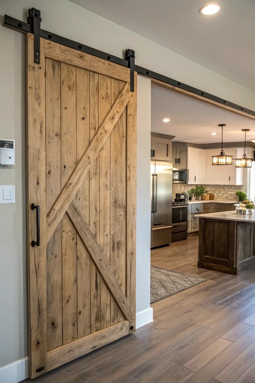 Rustic sliding barn door in a kitchen setting.