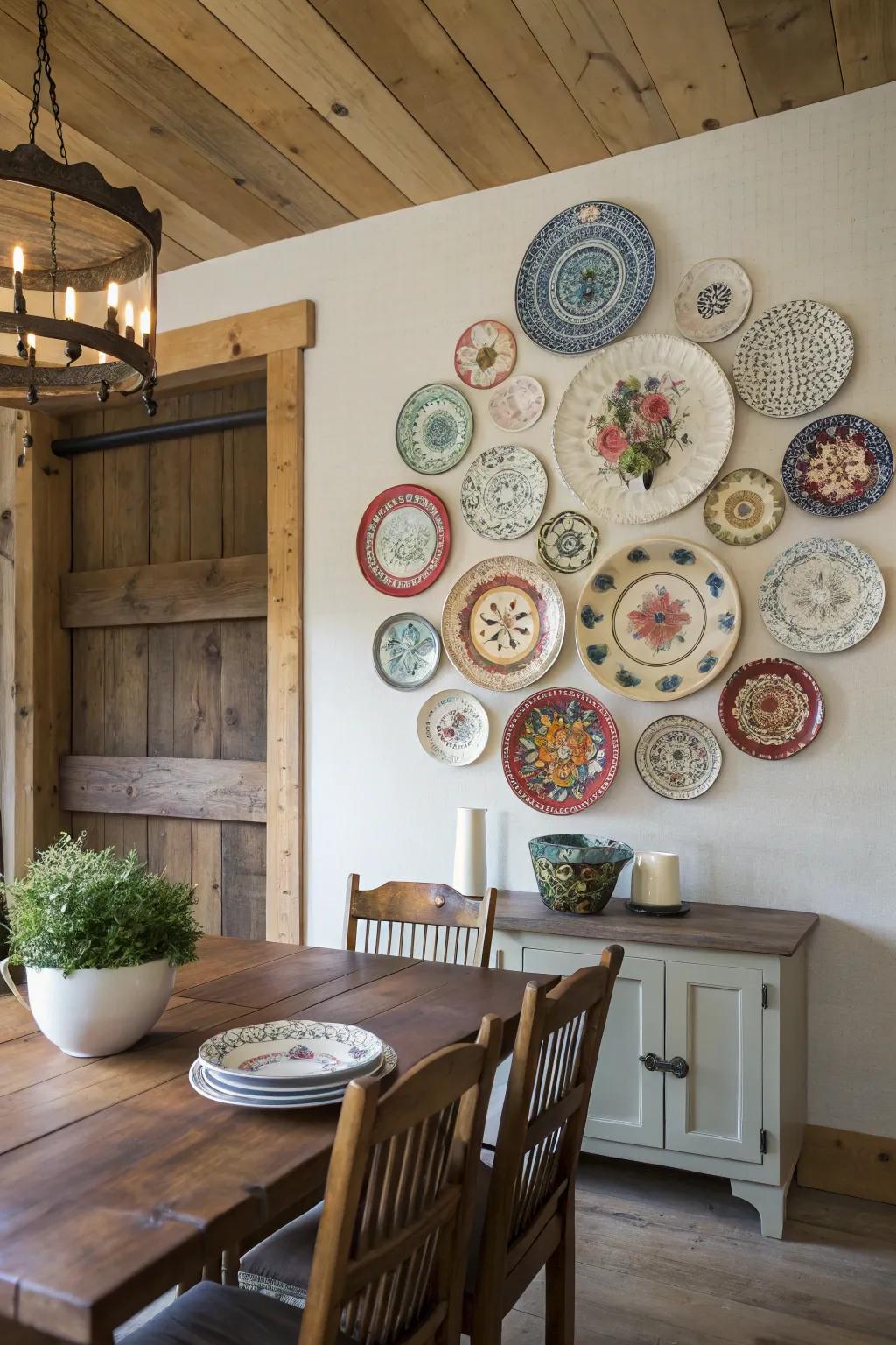 Vintage decorative plates adding charm to a dining area.