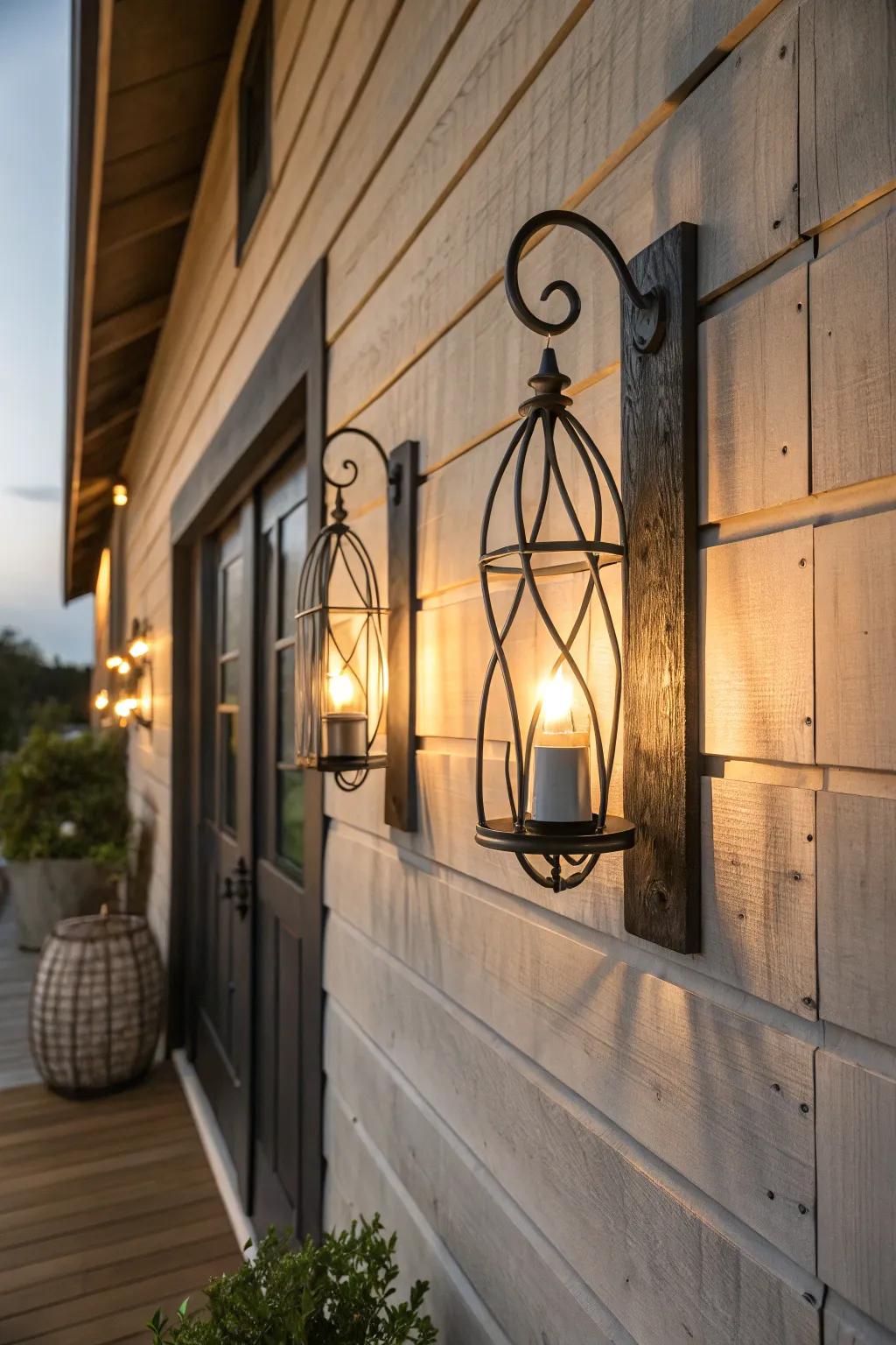 Metal wall sconces adding warm lighting to a farmhouse wall.