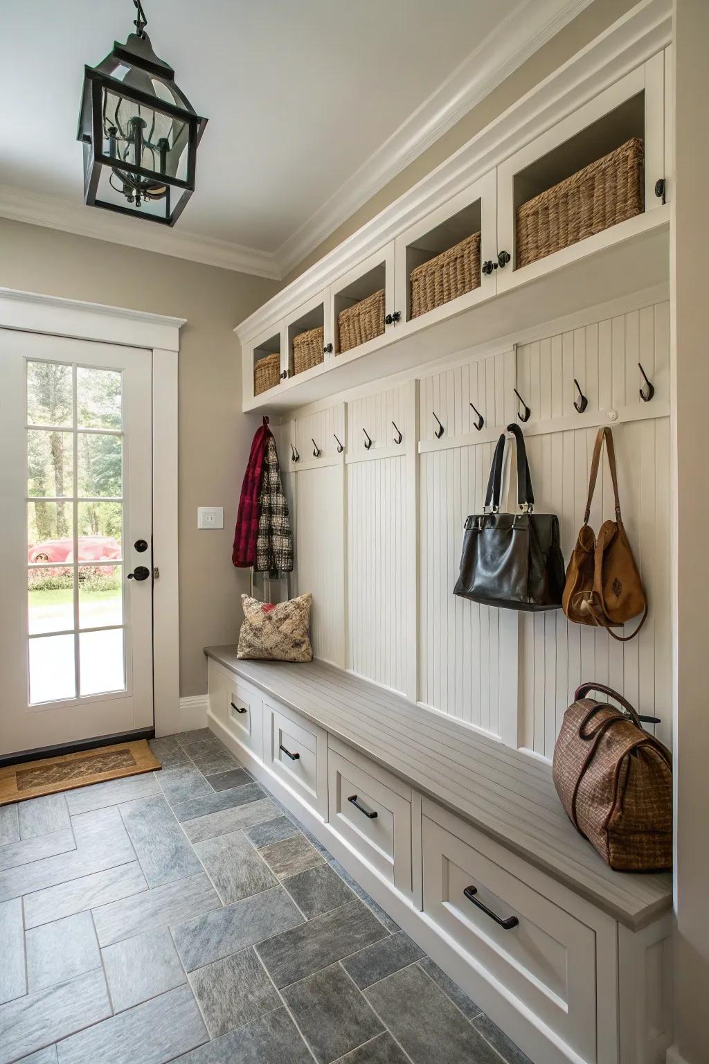 Mixing trim styles adds a unique flair to this mudroom.