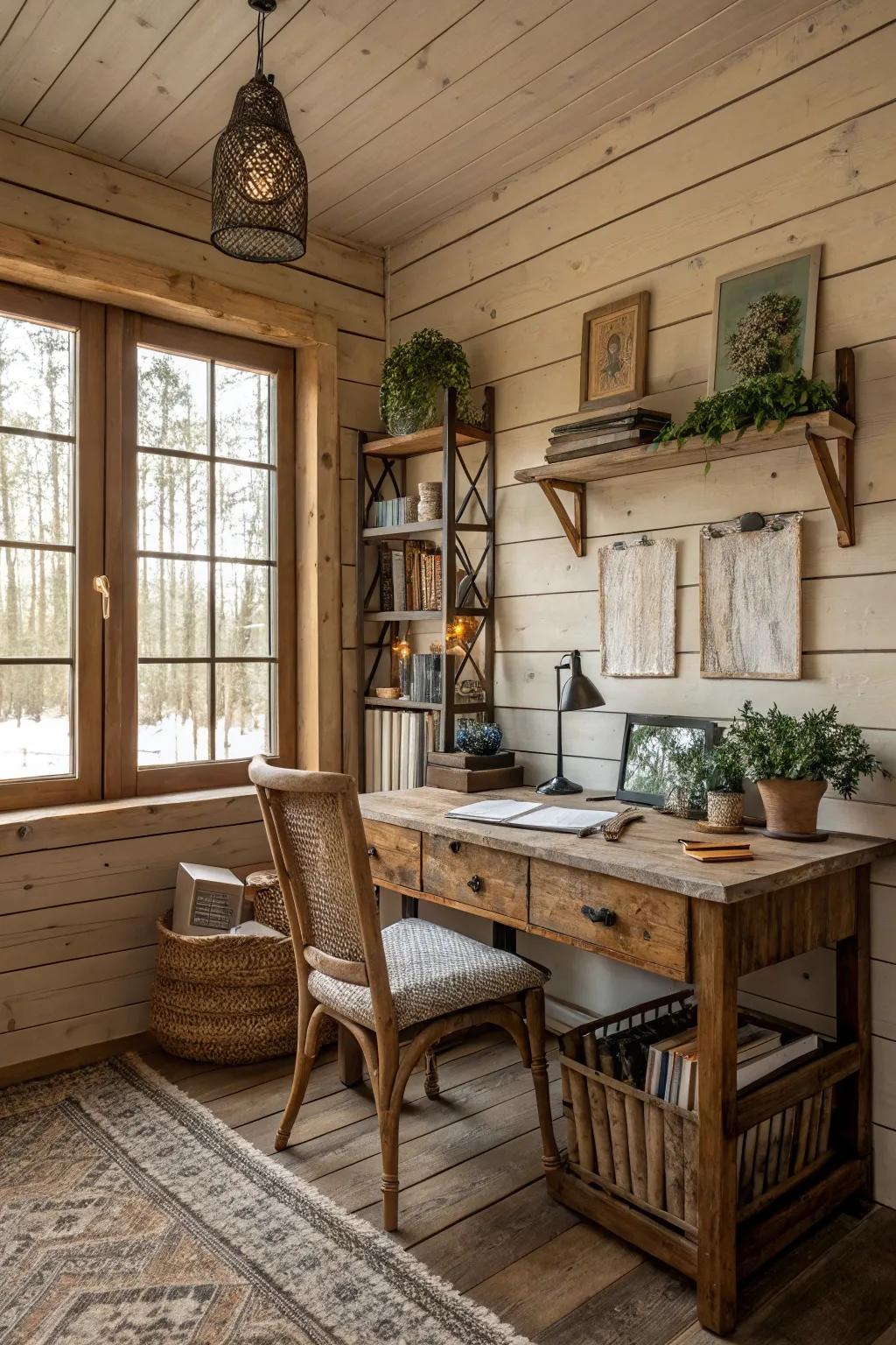 Planked walls bring a rustic touch to this home office.