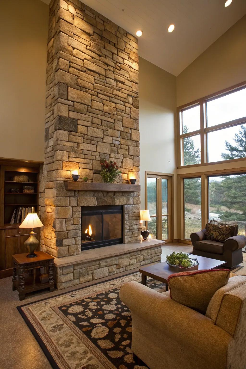 A bold stone fireplace wall that commands attention.