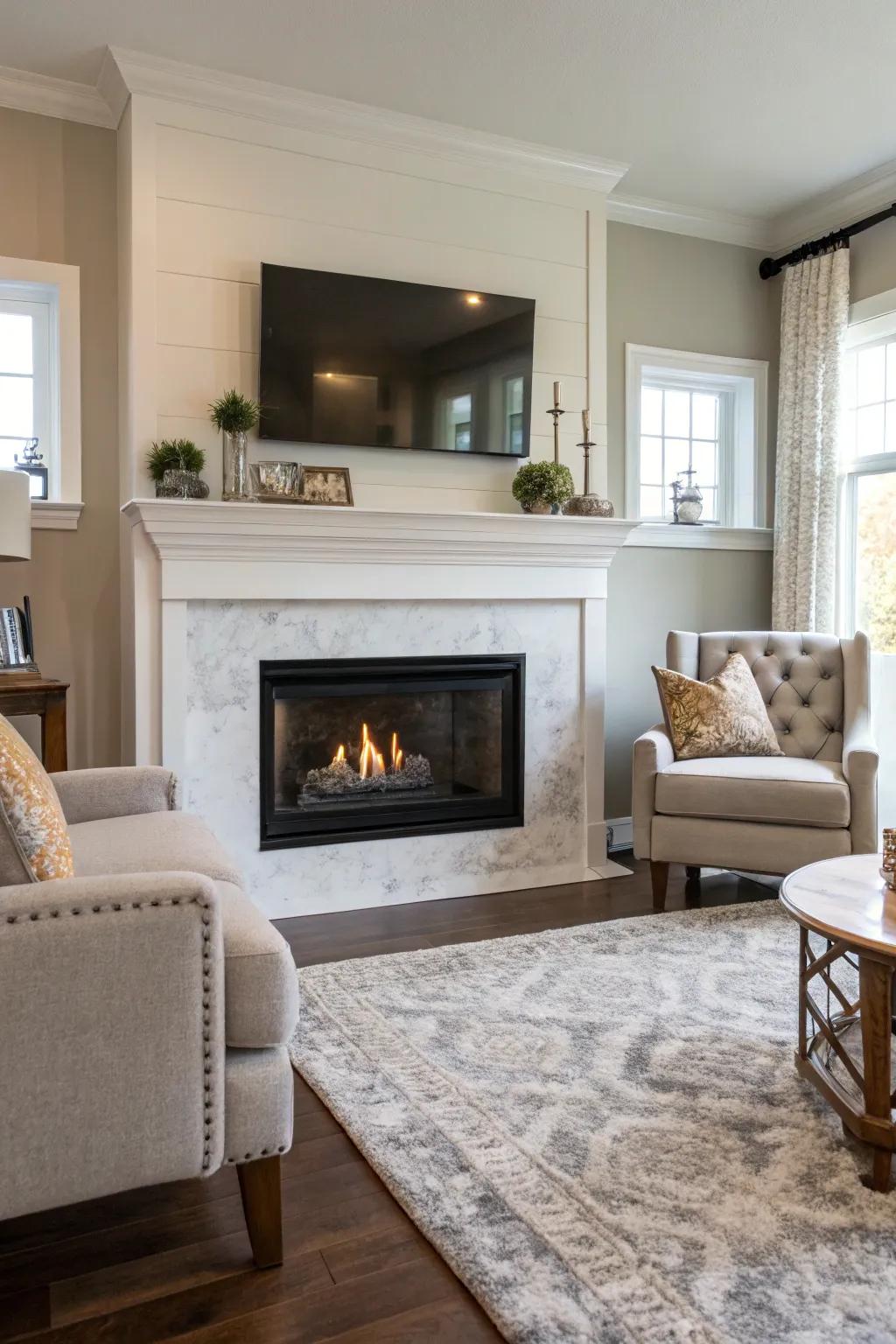 Floating mantel simplicity adds modern elegance to the fireplace.