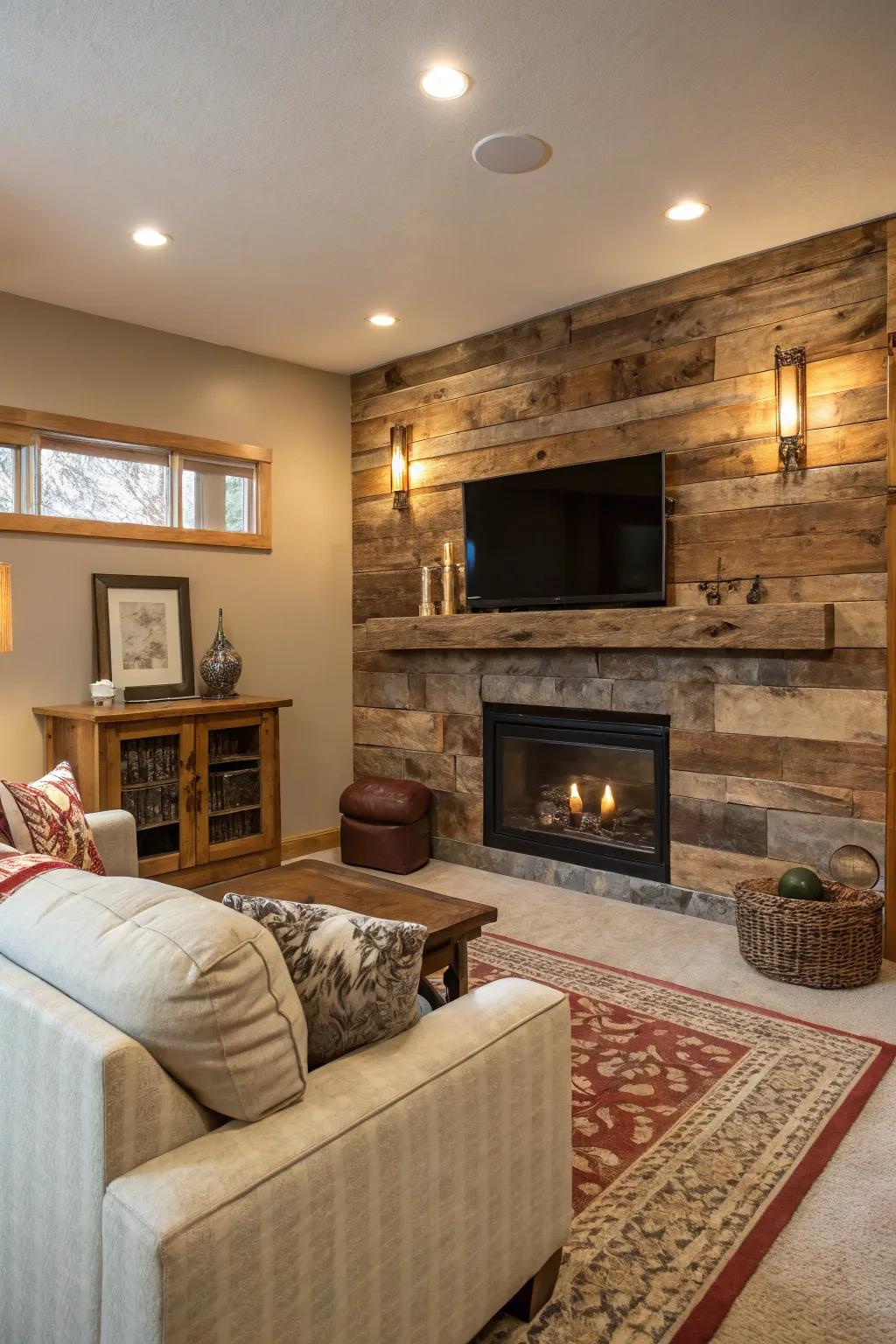 Reclaimed wood brings rustic charm to this fireplace wall.