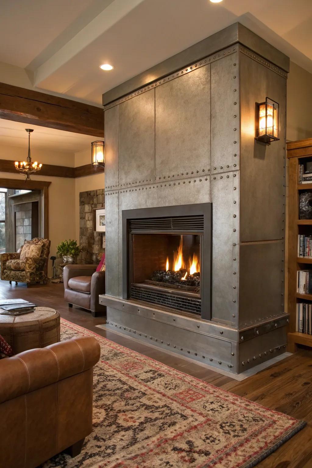 Industrial vibes with a sleek steel fireplace surround.