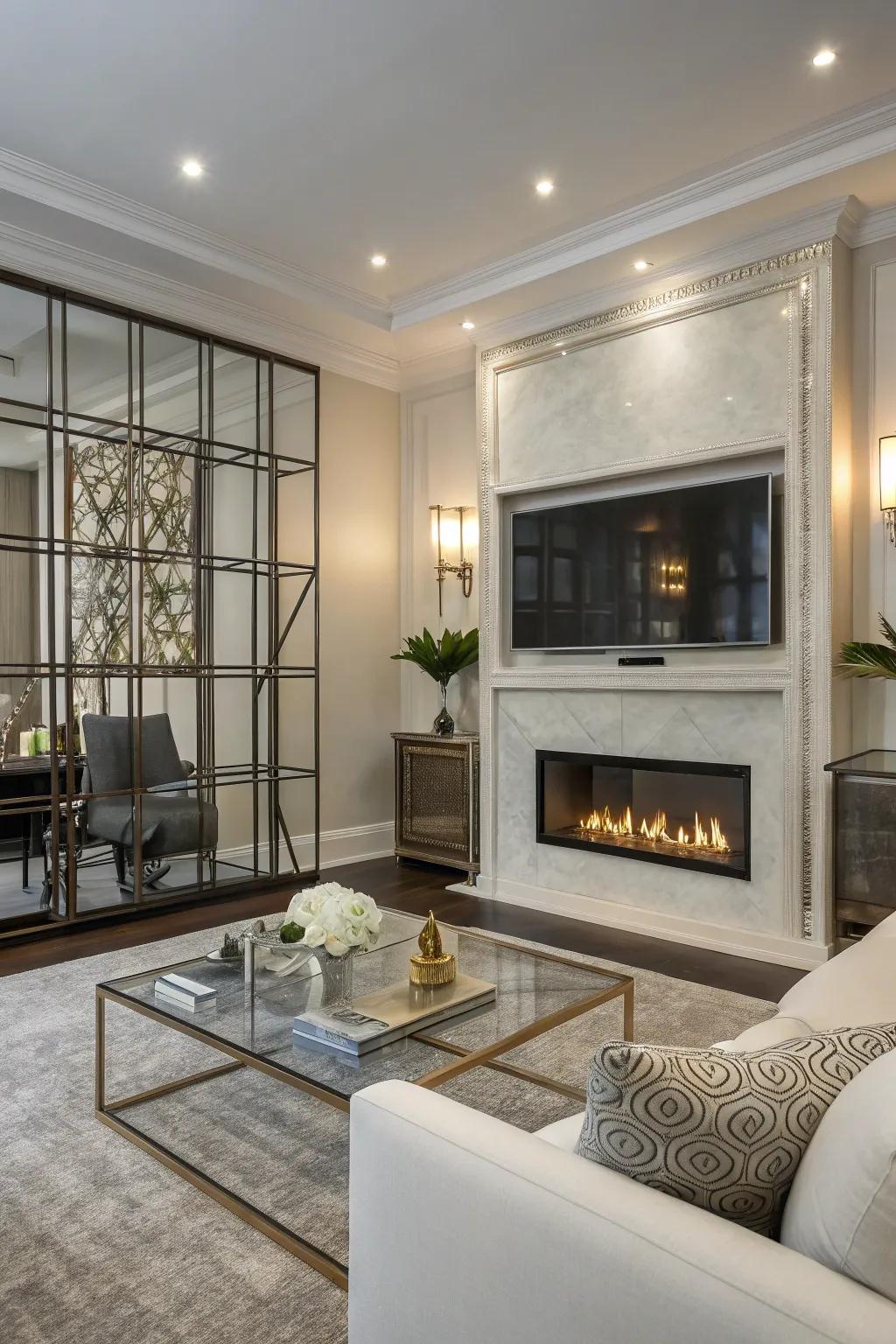 A sleek combination of glass and metal for a modern fireplace wall.