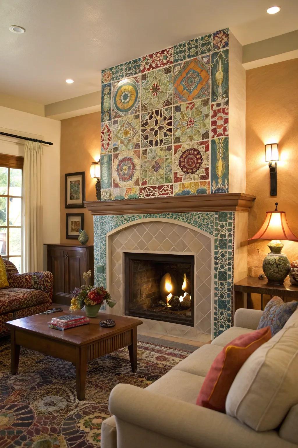 An eclectic tile mosaic adds vibrancy to the fireplace wall.