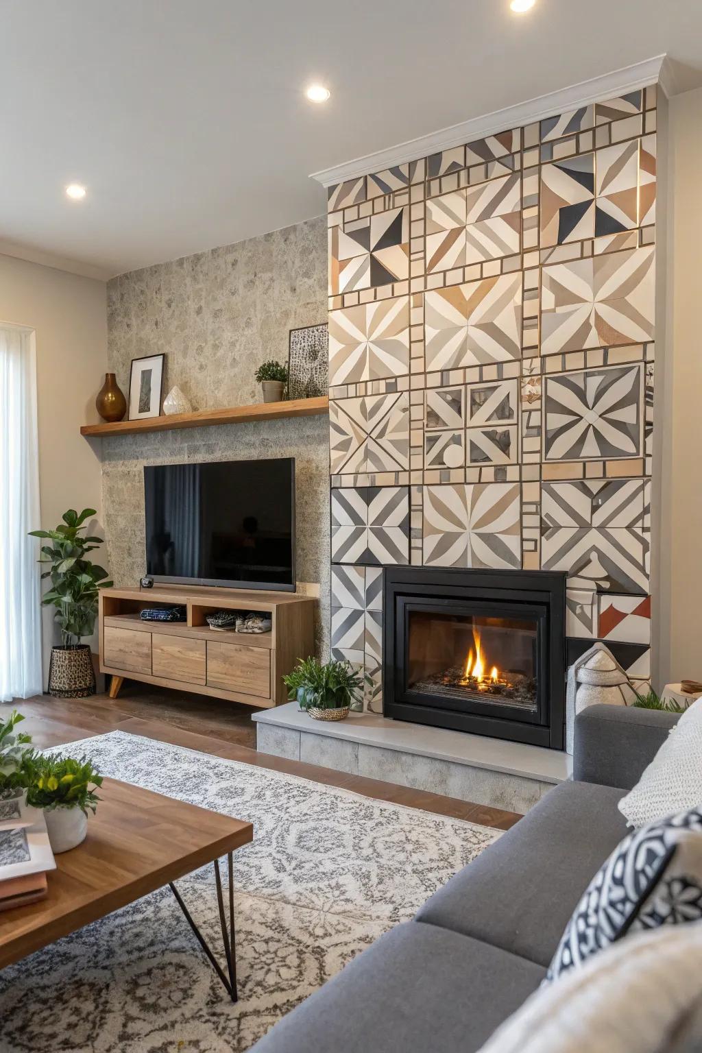 Geometric tiles add a modern twist to this fireplace wall.