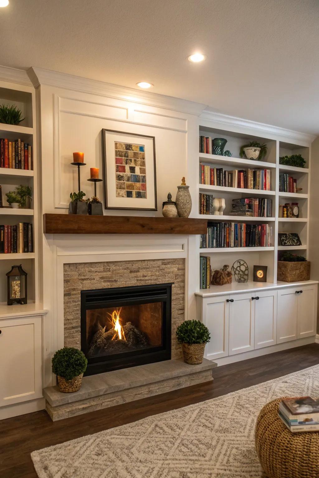 Built-in shelving around the fireplace for added storage and style.
