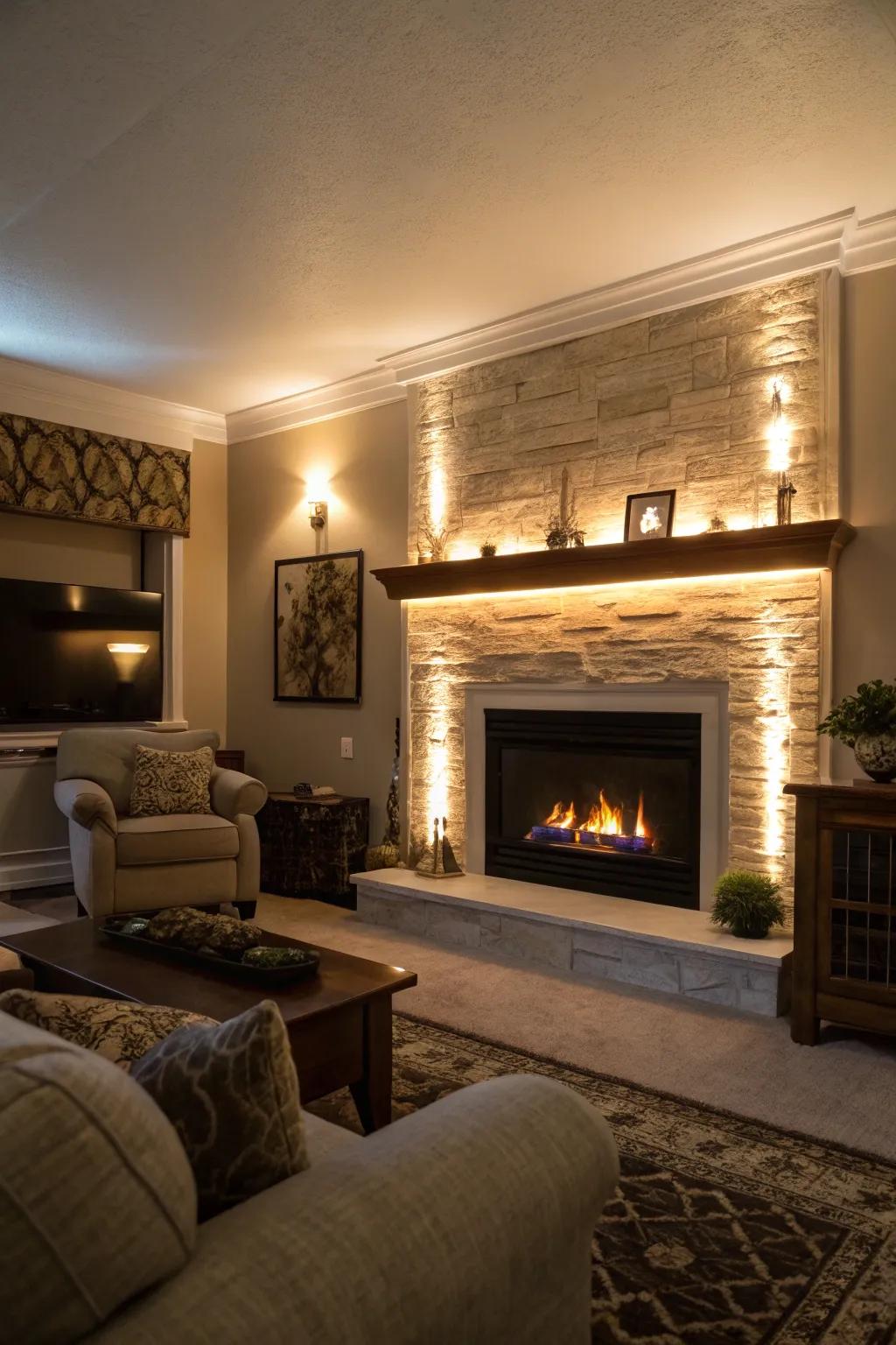 Dynamic LED lighting adds ambiance to this fireplace wall.
