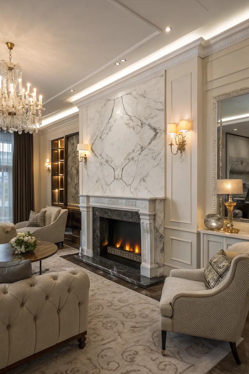 Marble elegance at its finest with this stunning fireplace wall.