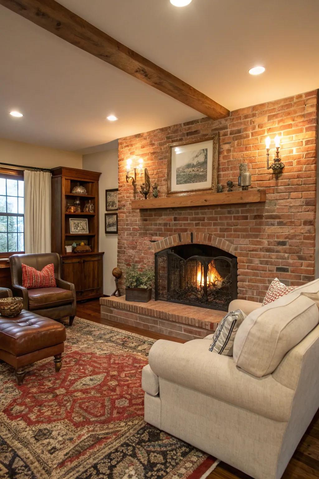 Timeless charm with an exposed brick fireplace wall.