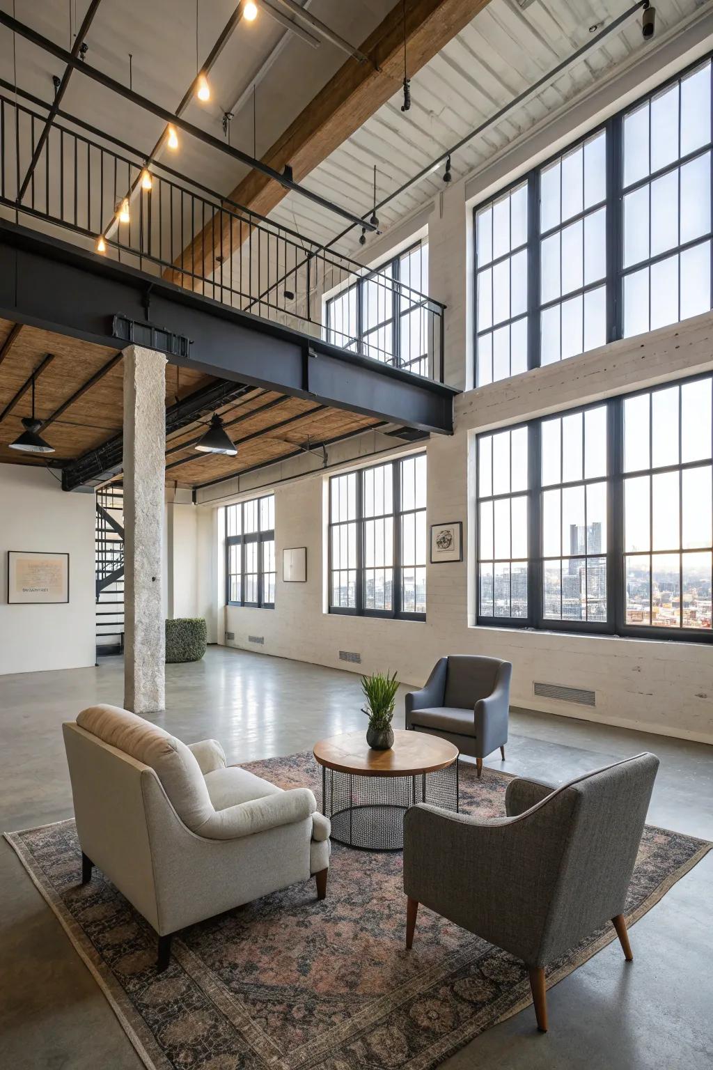 An open loft design achieves harmony between spaciousness and intimate, defined areas.