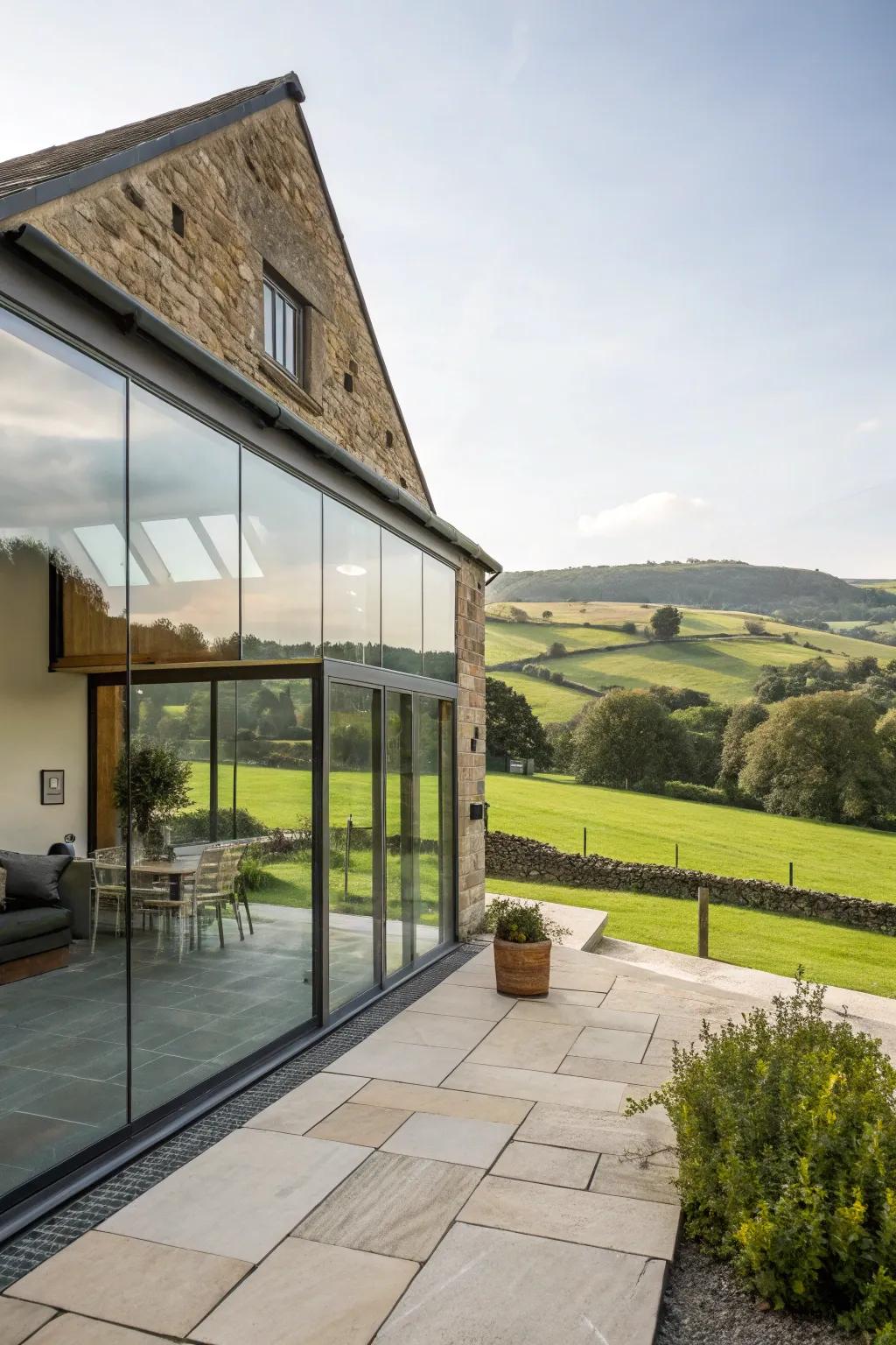 Glass dividers offer expansive views and modern flair.