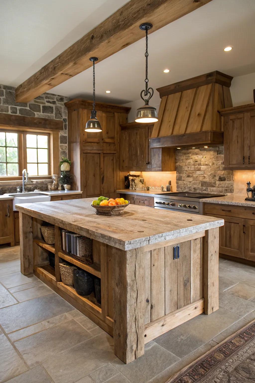 Rustic center islands blend style with functionality.