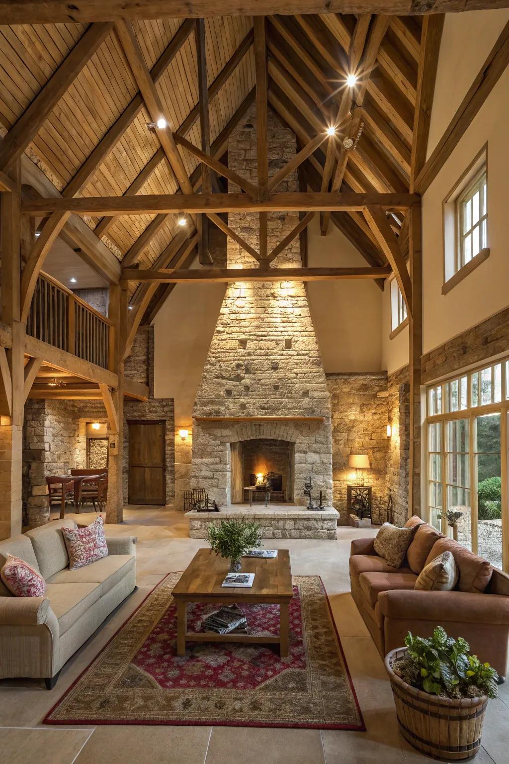 A central hearth offers warmth and visual appeal.