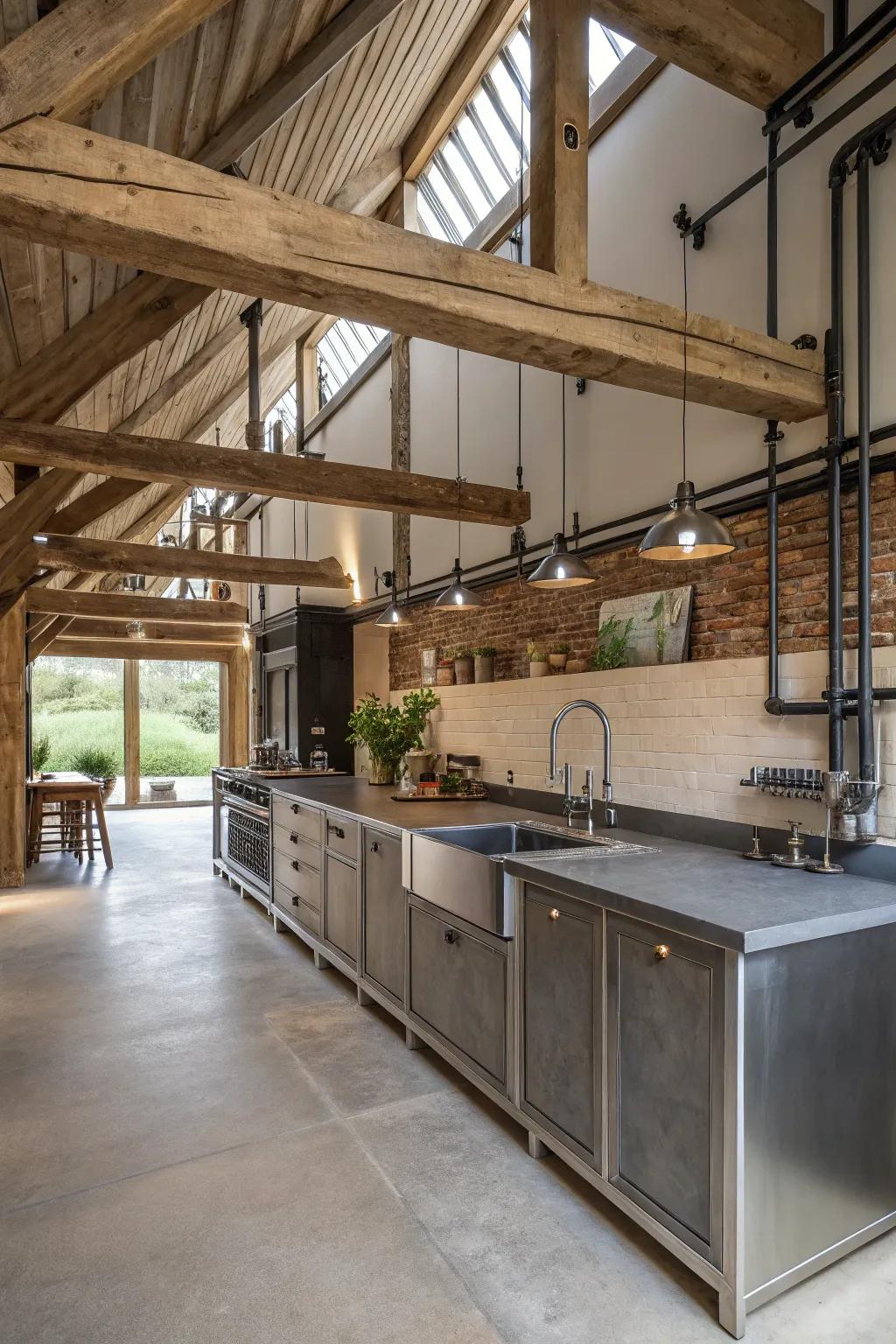 Factory-inspired elements enhance the rustic aesthetic.