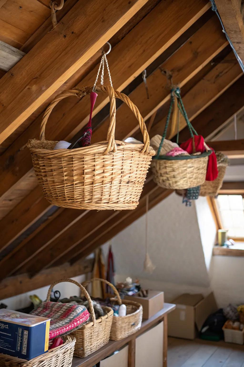 Use ceiling space with hanging baskets.