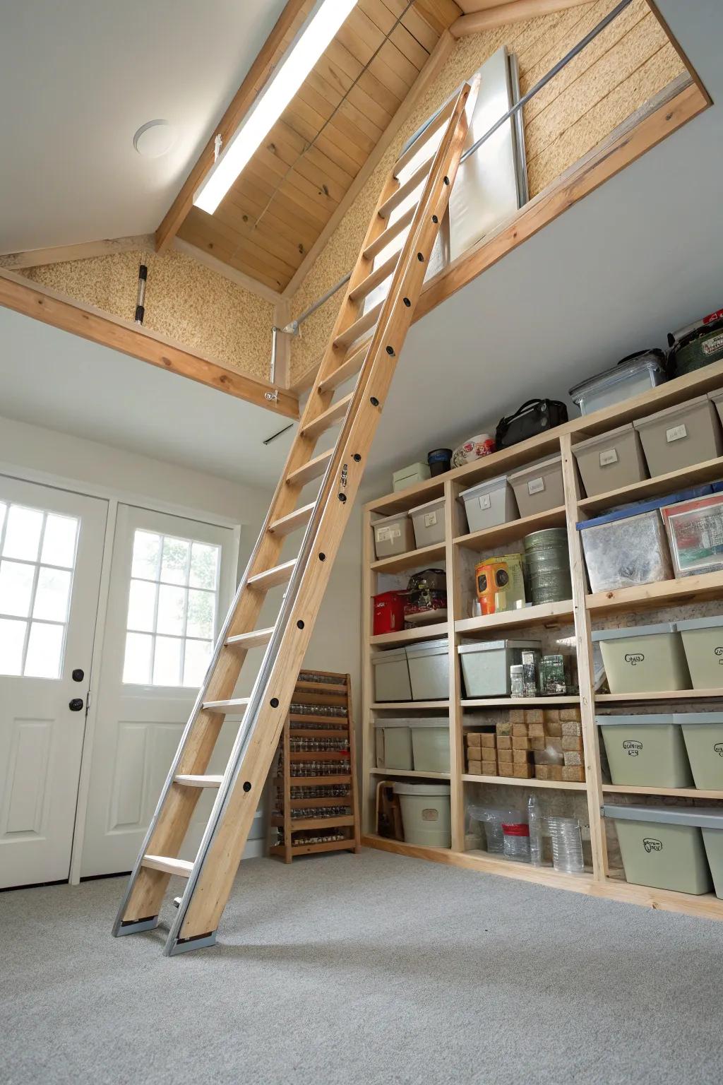 A pull-down ladder ensures safe access.