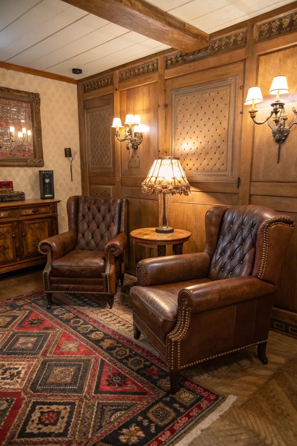 Opulent leather seating enhances the traditional sensation of a compact cigar space.