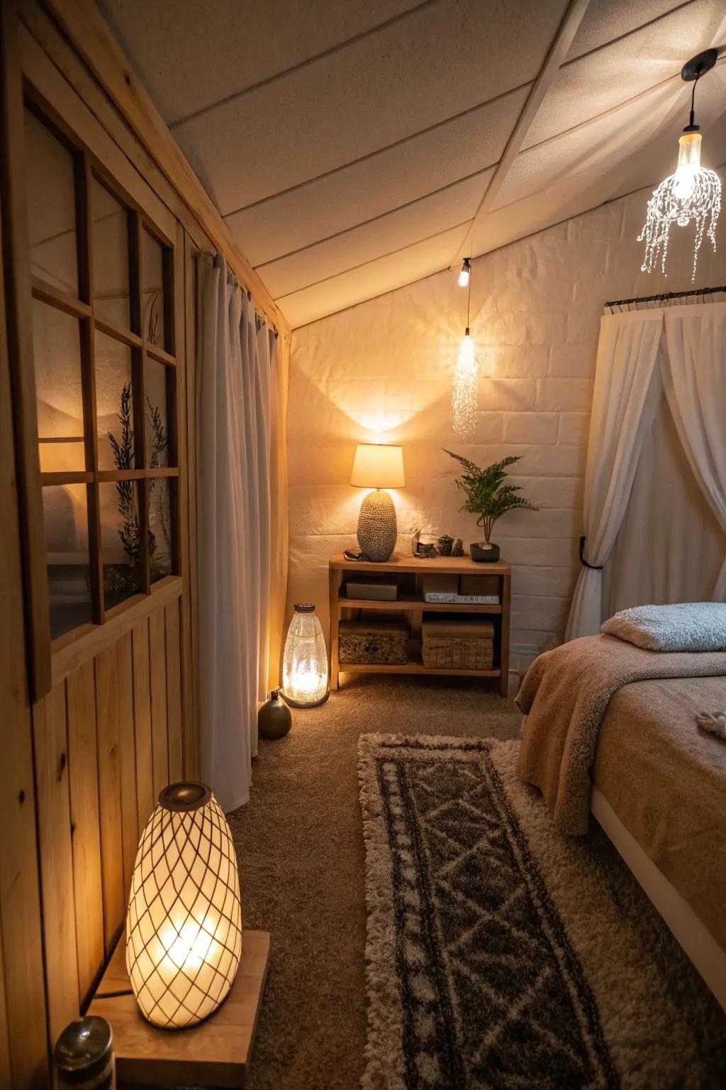 Tiered lighting fashions a perfect ambiance in this private cigar space.