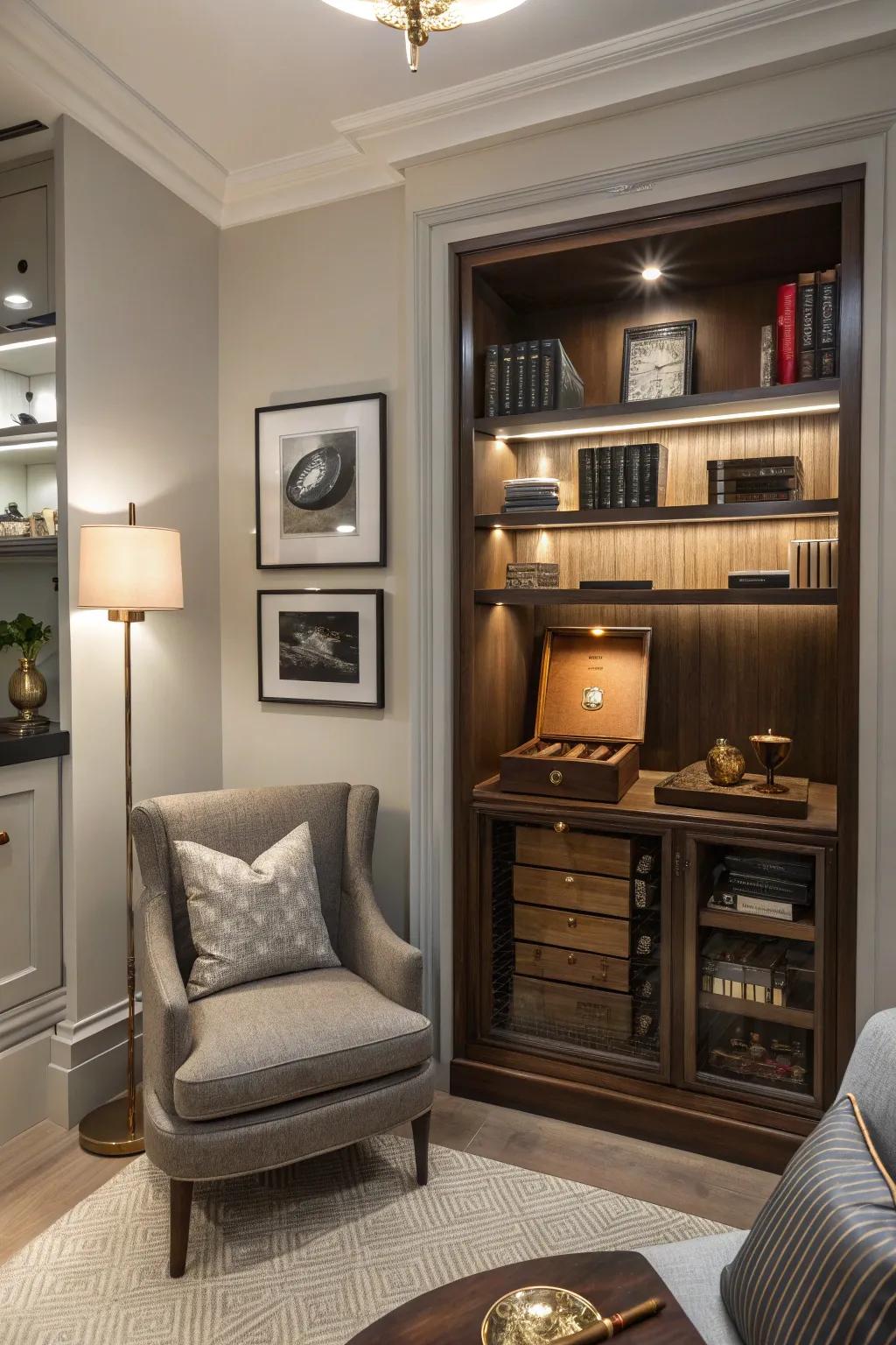 A chic humidor maintains cigars pristine and includes elegance to this compact room.