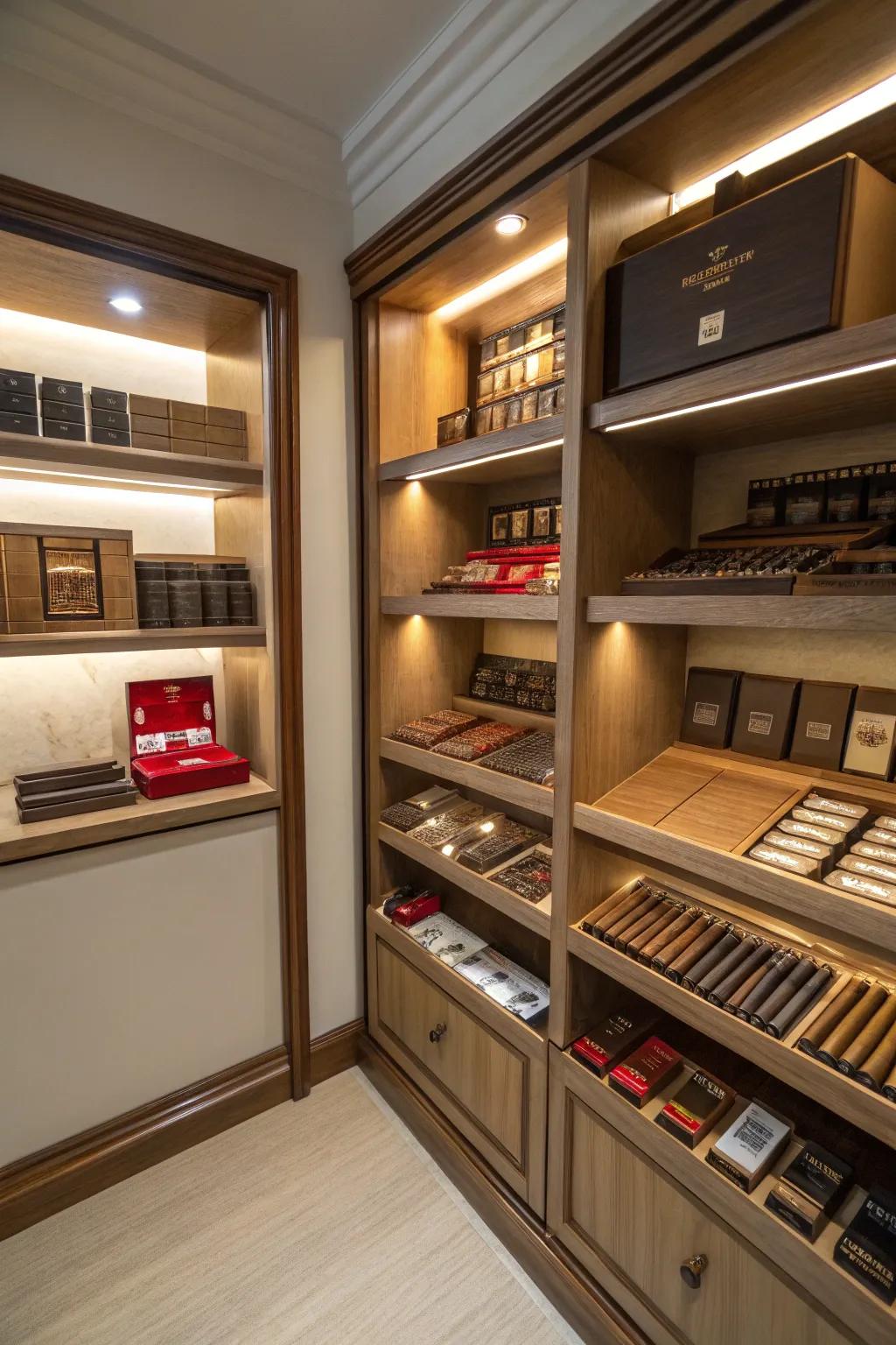 Effective storage strategies maintain this compact cigar space structured and elegant.