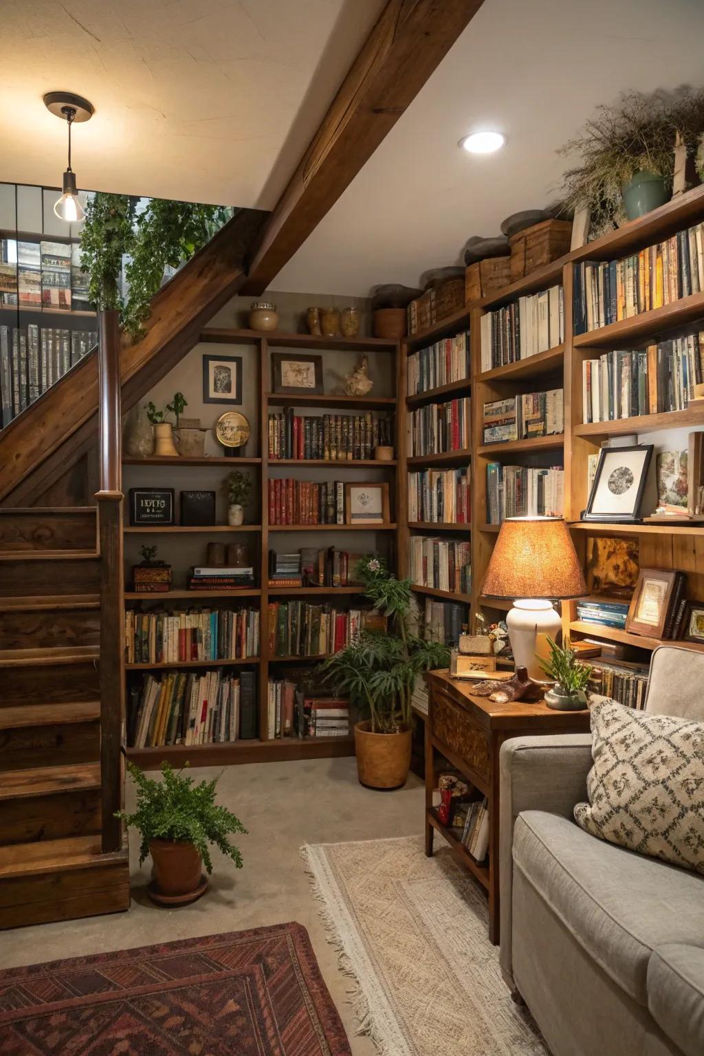 Tall shelves contribute to height and storage in a basement.