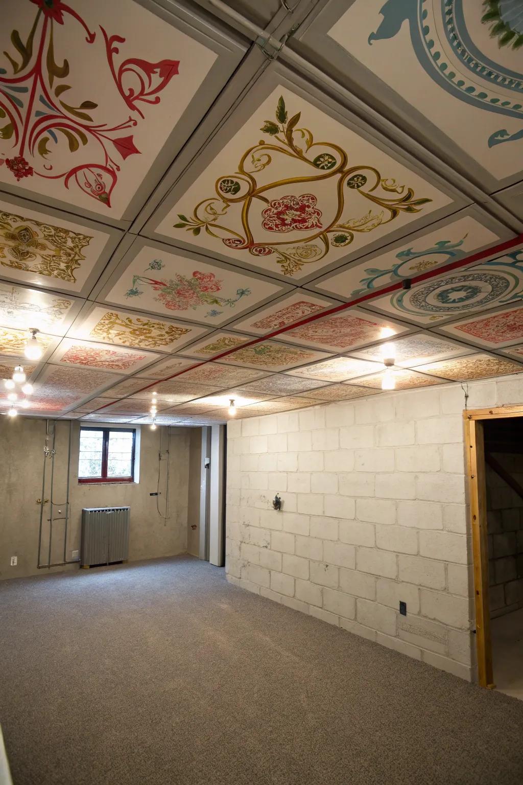 Painted paneling enriches the depth of a basement with a limited ceiling height.