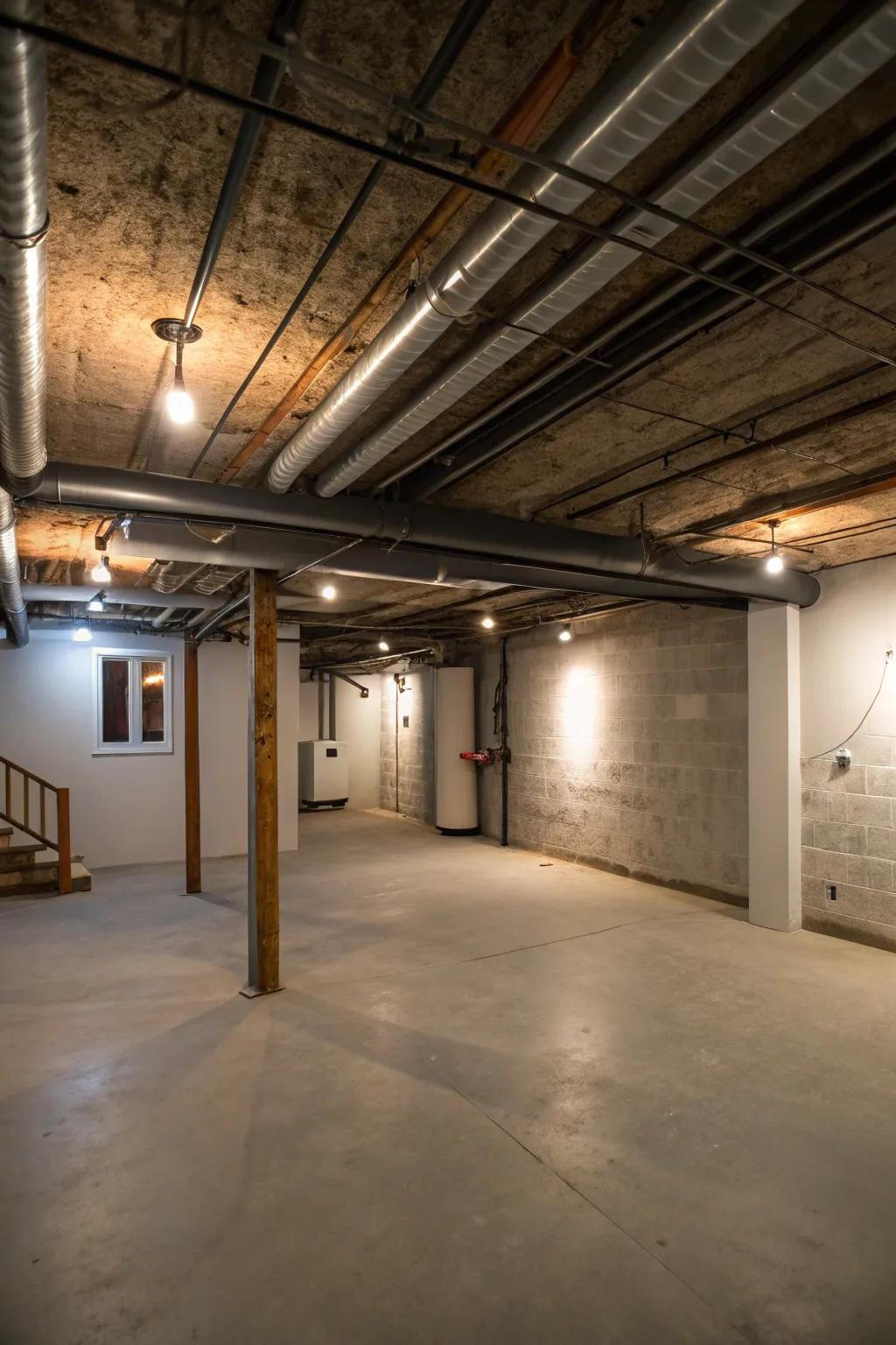 Suspended ceiling treatments skillfully disguise structural elements.