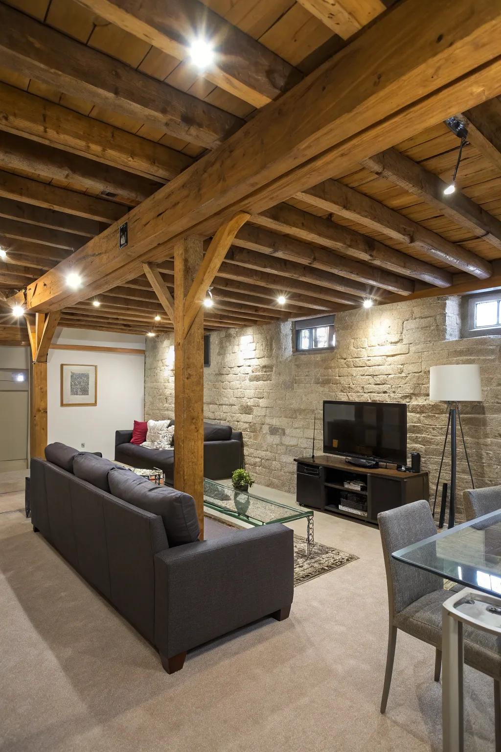 Revealed beams contribute height and a distinctive flair to a basement with a low ceiling.