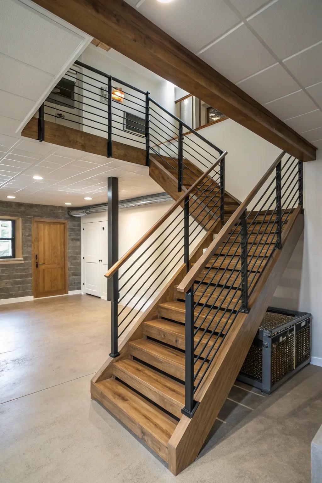 Open riser staircases improve openness in basement environments.