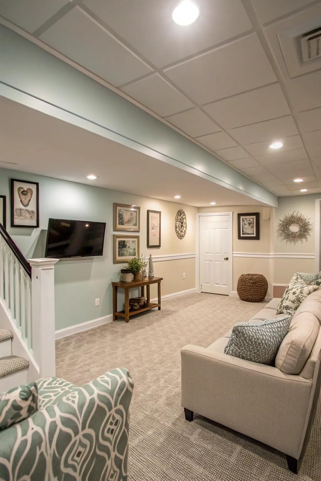 Light colors give the basement a more expansive and warm ambiance.