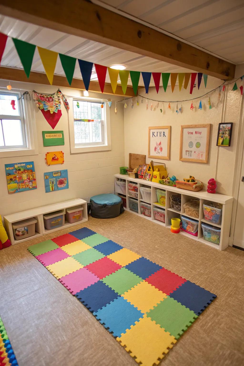 A vibrant play area in the basement can be a child's paradise.