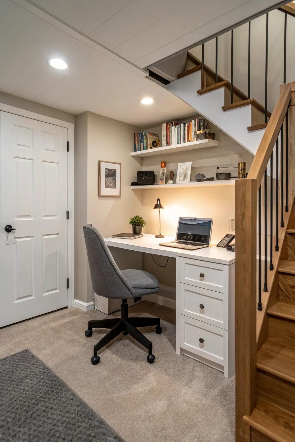 Create a focused work environment with a compact home office in your basement.