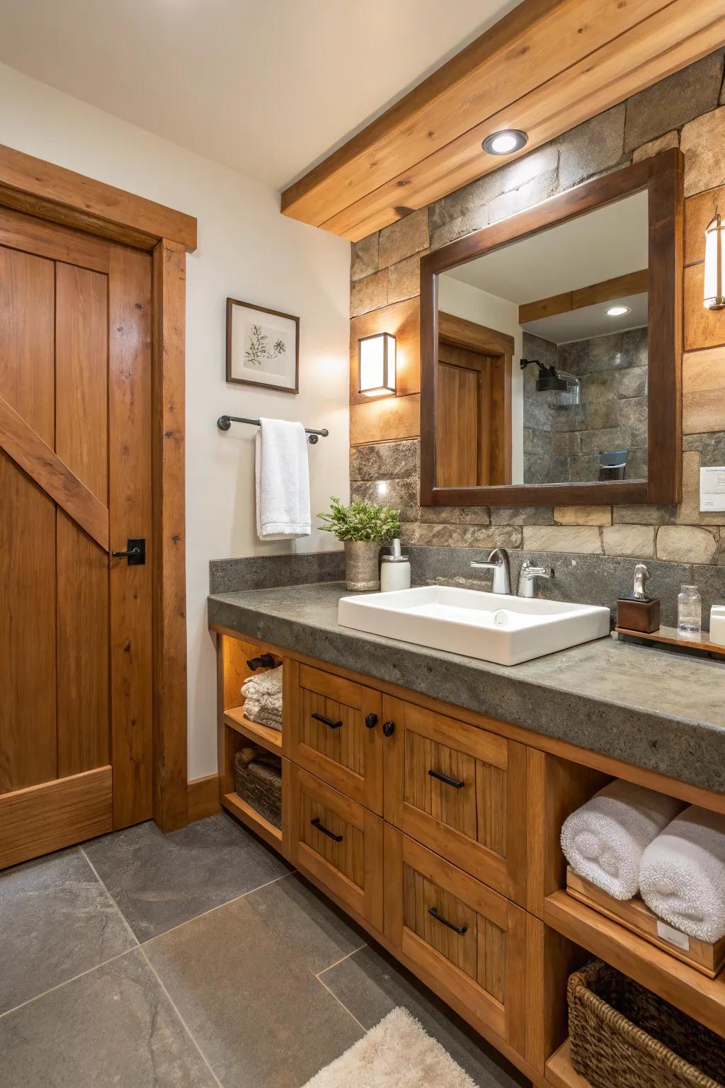 Organic components offer balance and warmth to moody bathrooms.