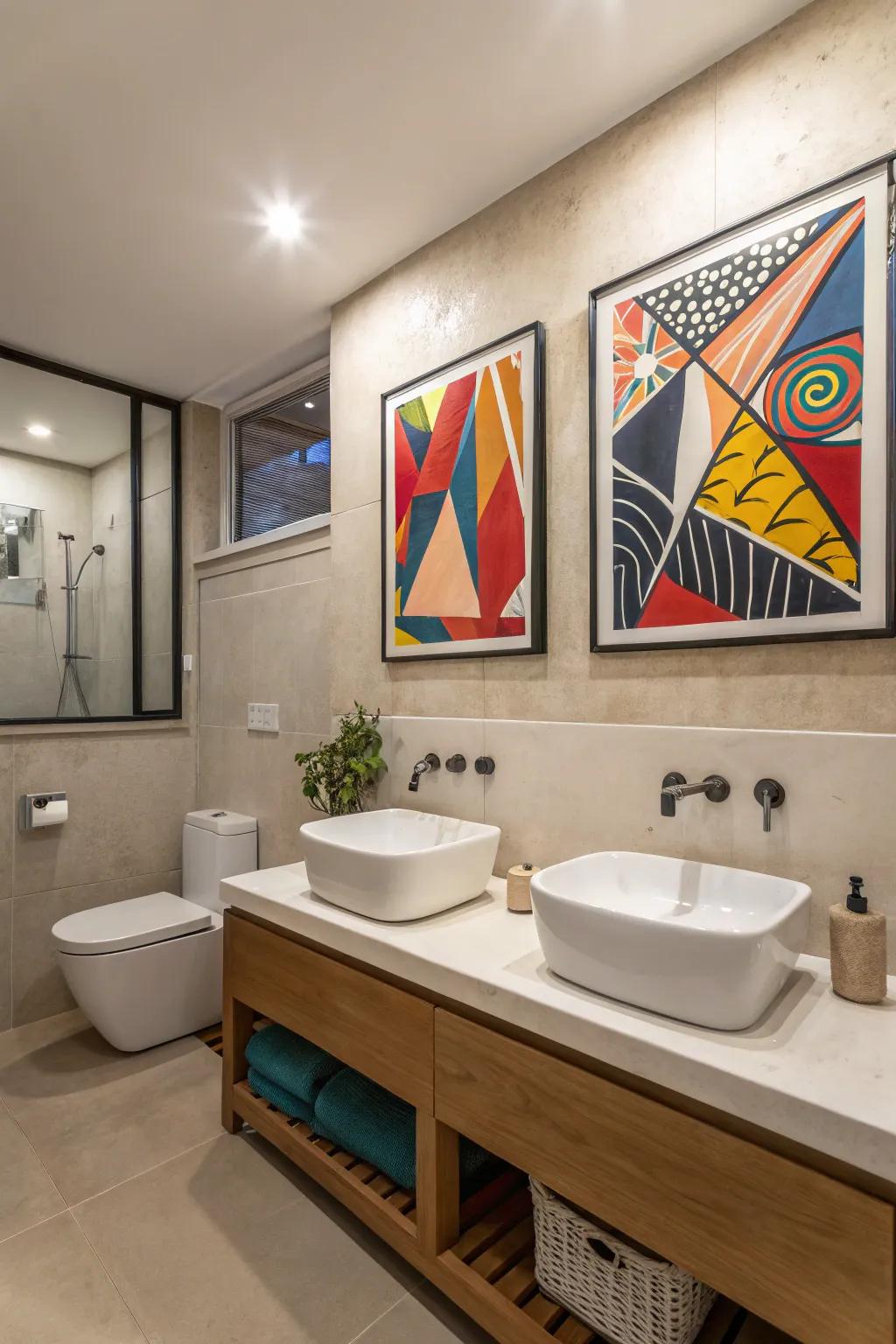 Imaginative components infuse personal style into moody bathrooms.