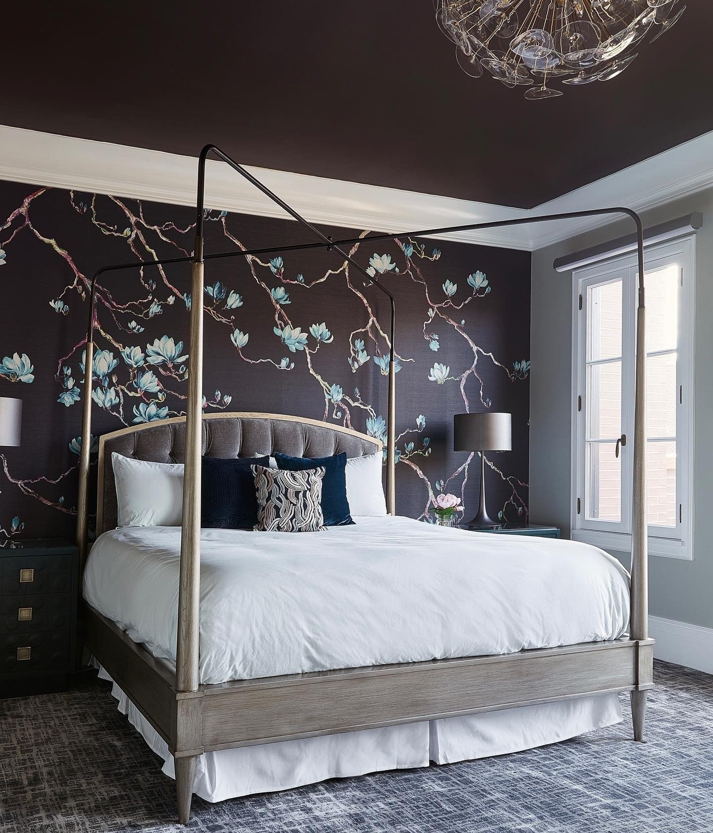 4. Moody Floral Statement Bedroom in Charcoal & Teal (Beautiful Bedroom Ideas)