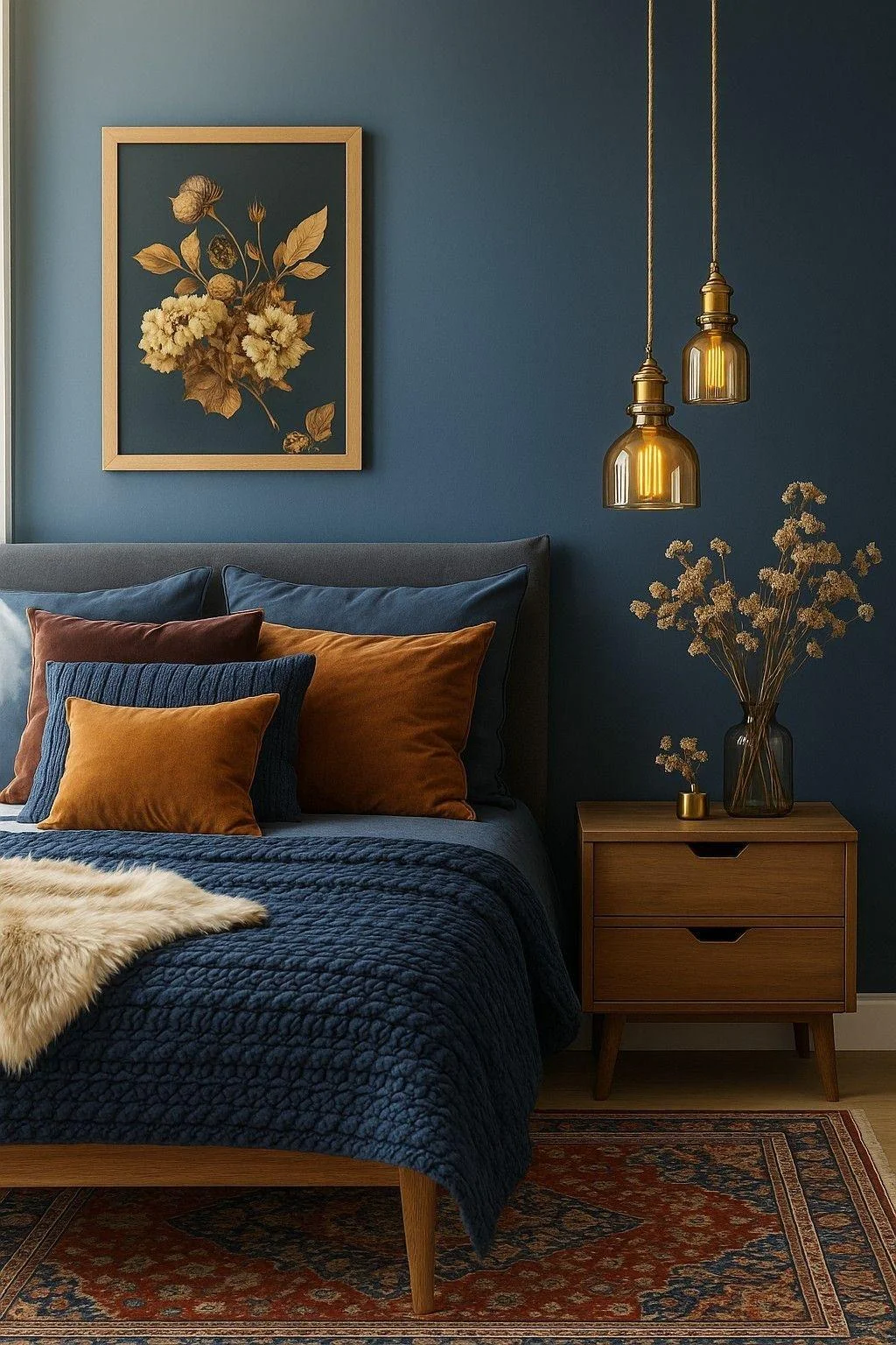 14. Moody Teal & Amber Modern Bedroom (Beautiful Bedroom Ideas)