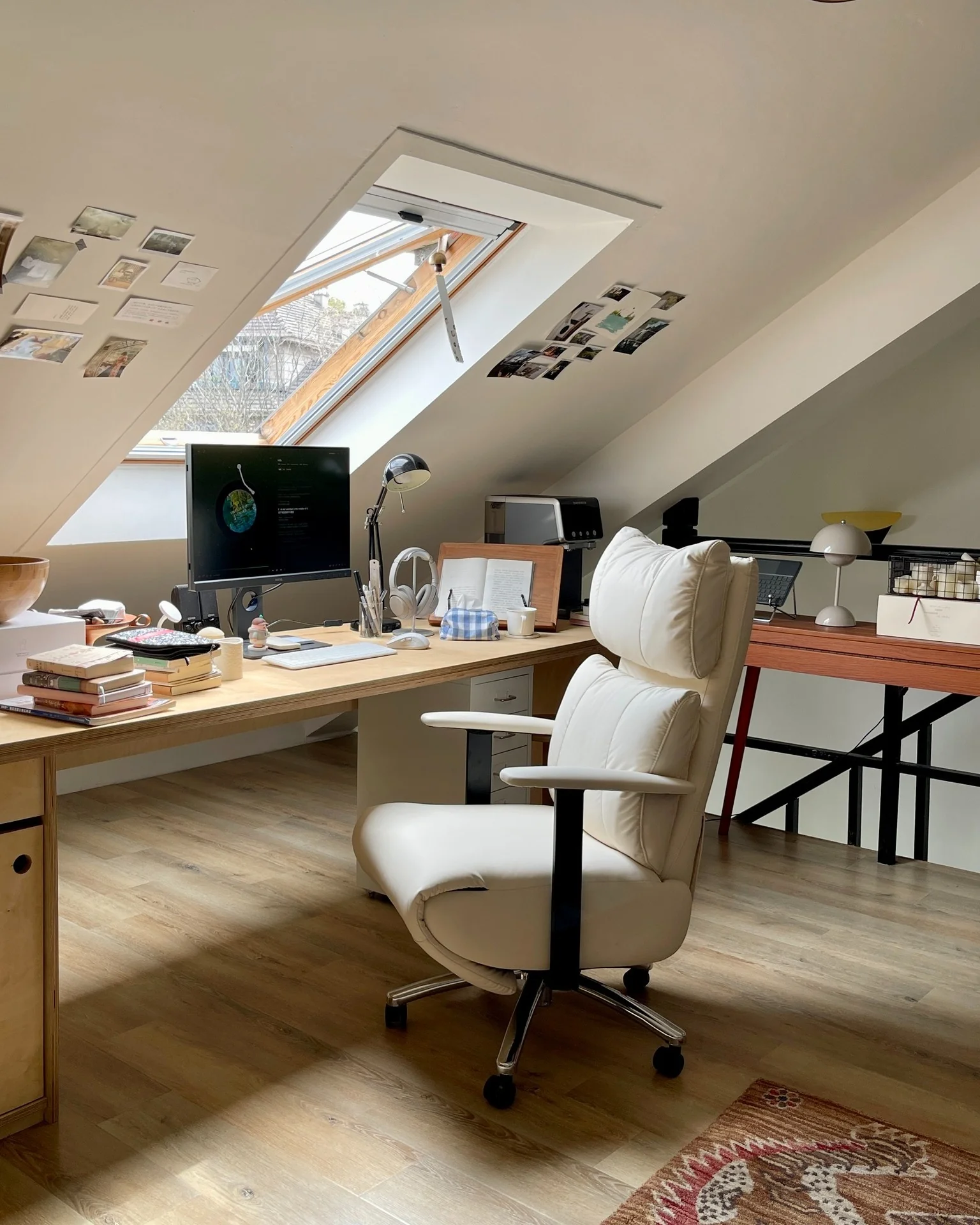 12. Warm Oak Skylight Loft Office with Cream Ergonomic Chair (Loft Office Ideas)