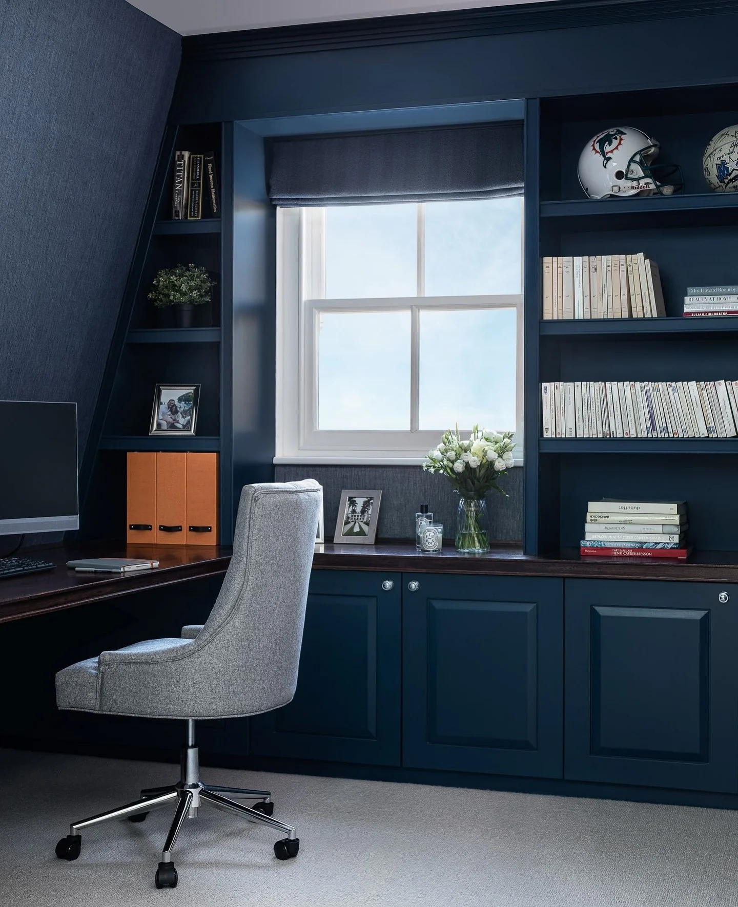 8. Navy Built-In Loft Office with Library Shelving (Loft Office Ideas)