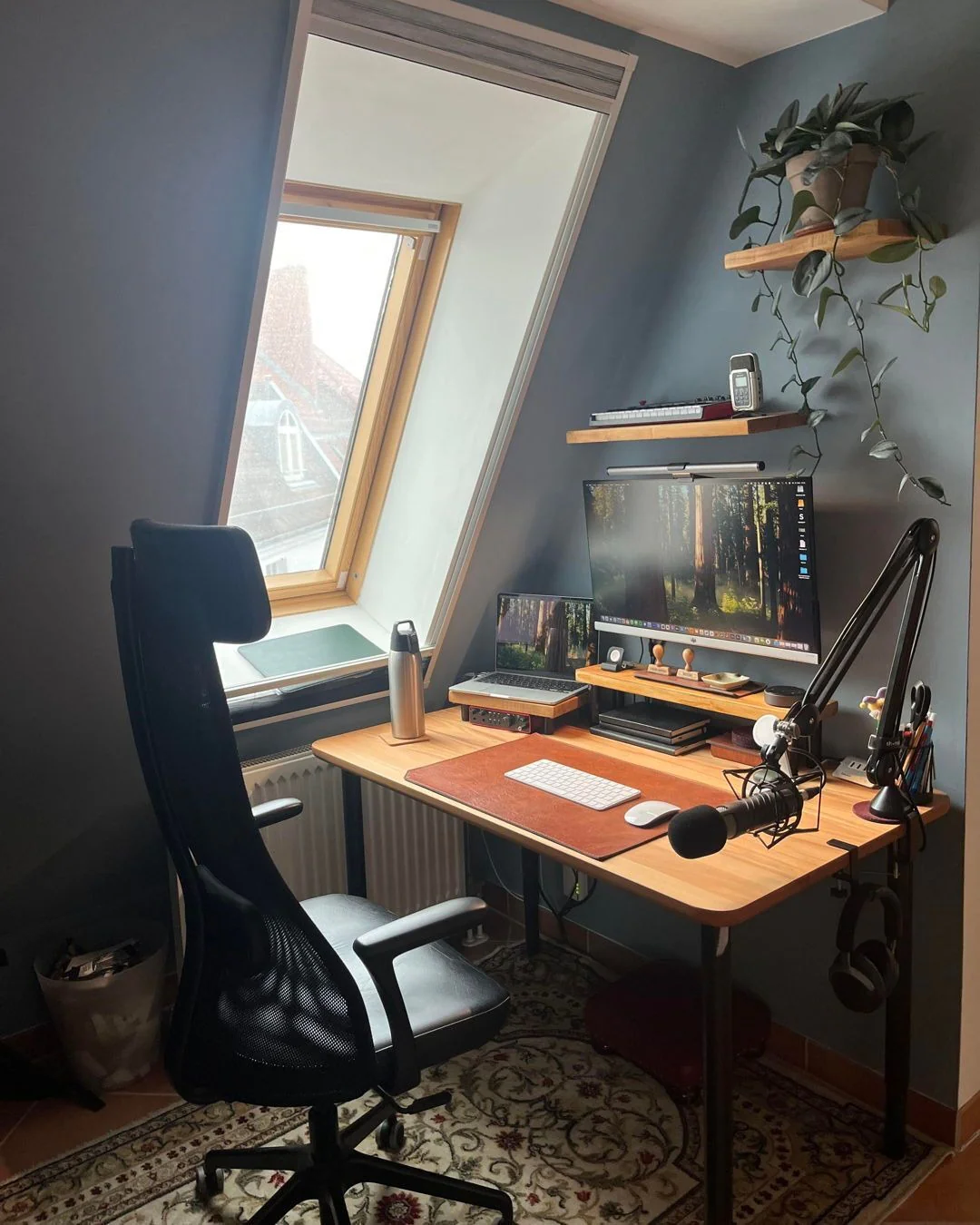 6. Moody Blue Loft Office with Warm Wood Workstation (Loft Office Ideas)