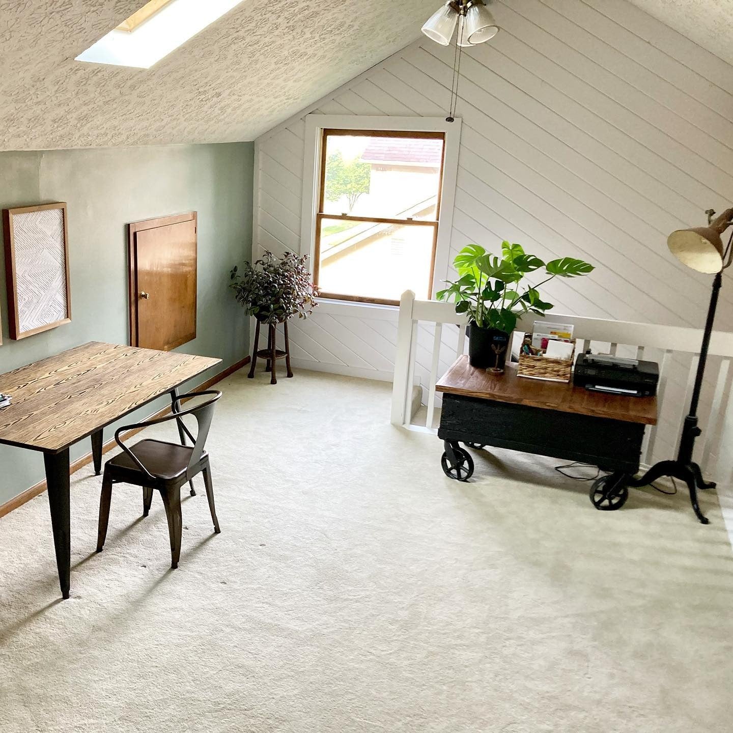 11. Sage Green and White Shiplap Loft Office with Rustic Wood Desk (Loft Office Ideas)