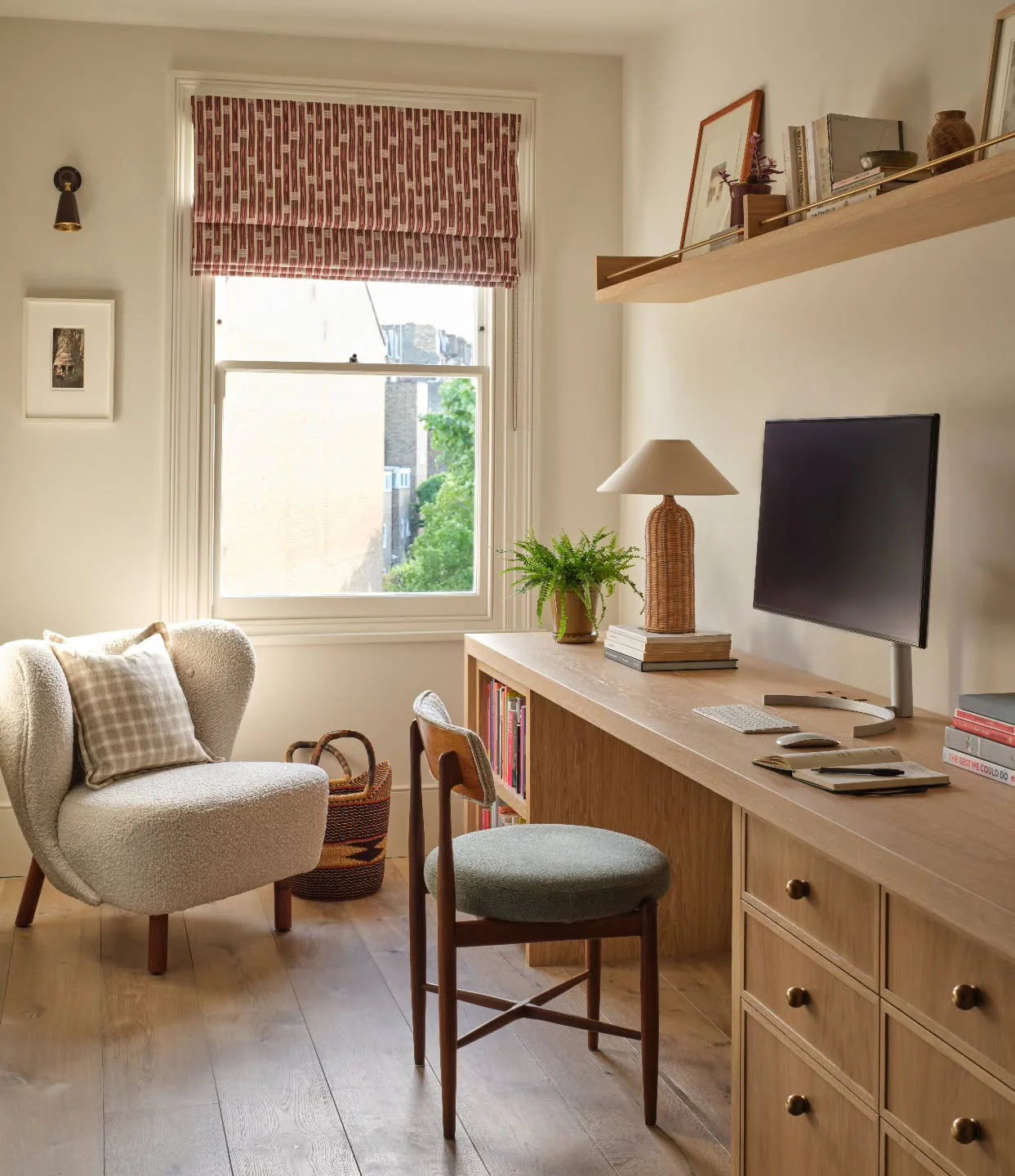7. Light Oak Loft Office with Tailored Roman Shade (Loft Office Ideas)