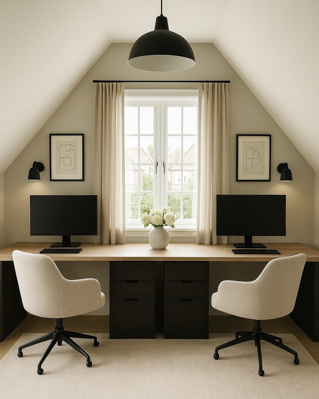 14. Classic Black and Cream Double Loft Office with Symmetrical Layout (Loft Office Ideas)