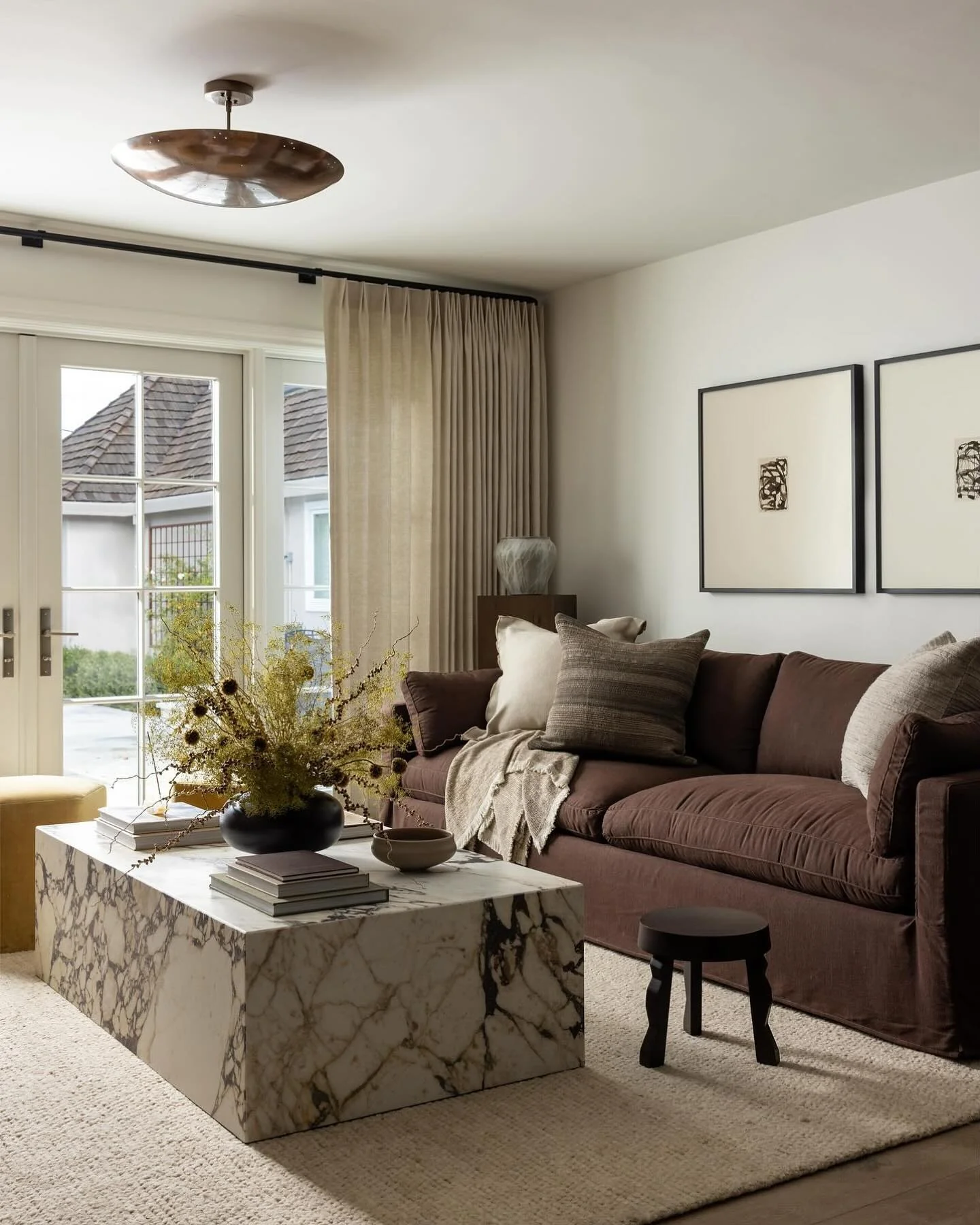 8. Cocoa Brown Sofa with Marble Statement Table (Brown Furniture Living Room Ideas)