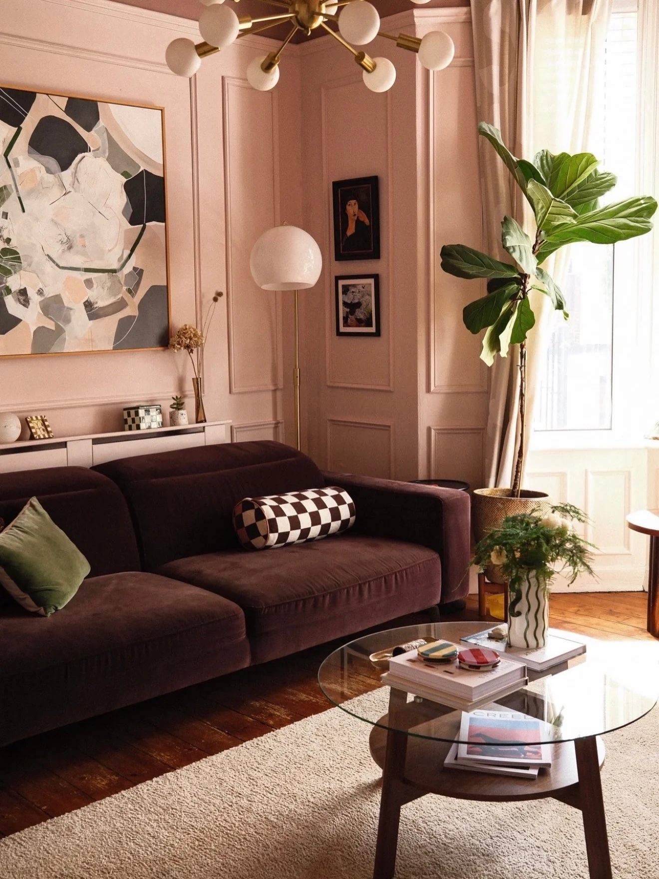 11. Plum Brown Velvet with Blush Paneling (Brown Furniture Living Room Ideas)