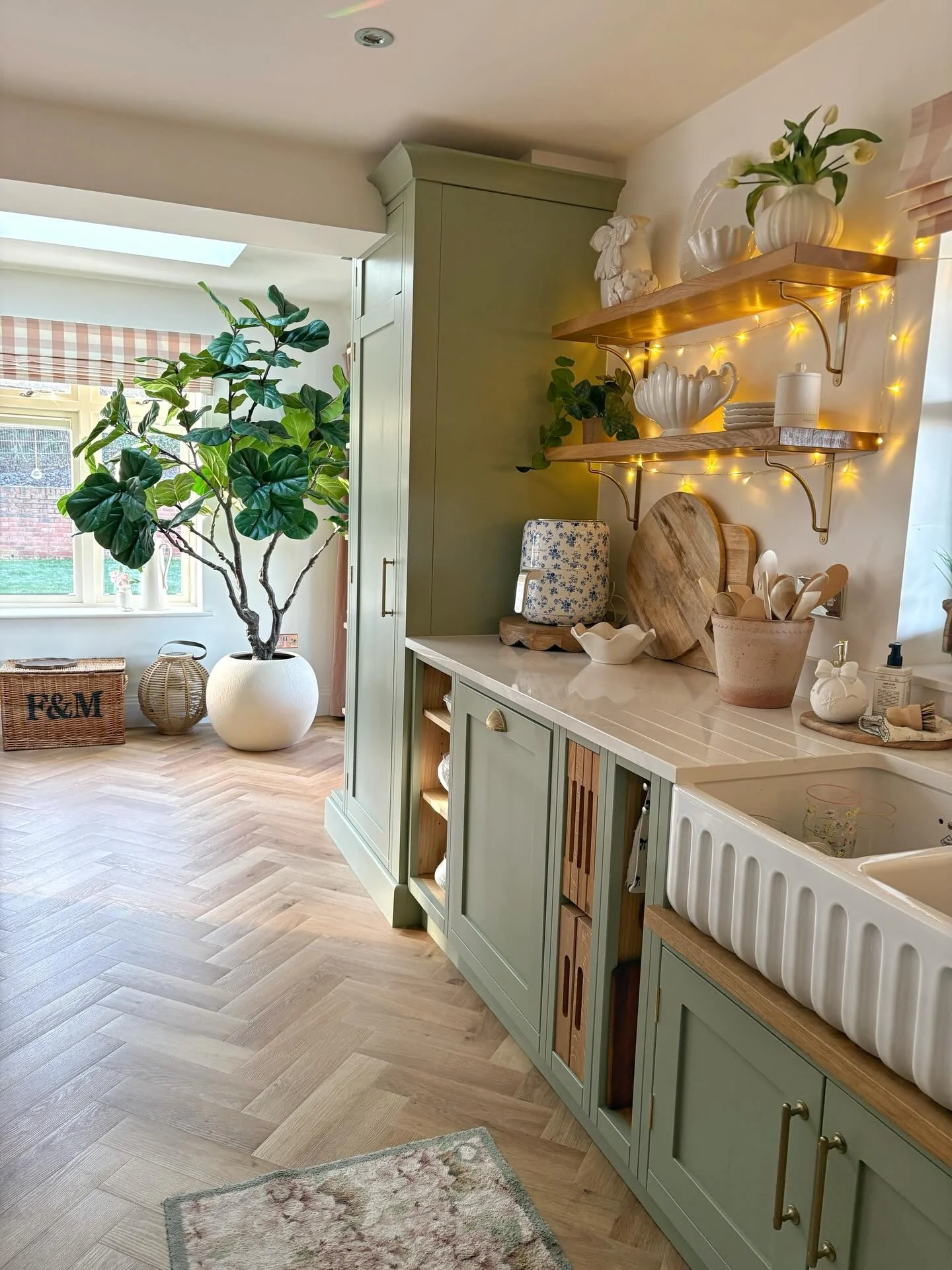 7. Olive Green Cabinetry with Warm Wood Shelves (Small Space Kitchen Ideas)