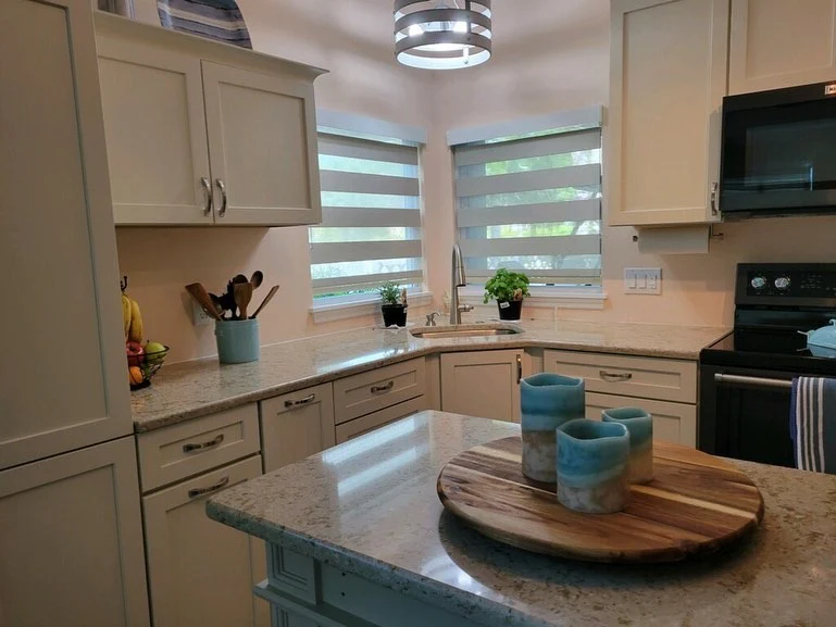 4. Soft Gray Cabinets with Quartz Countertops (Small Space Kitchen Ideas)