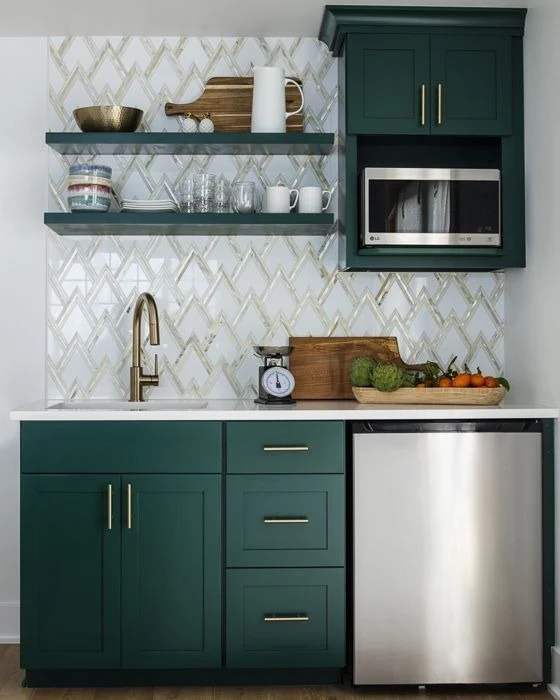 8. Deep Teal Cabinets with Graphic Tile Backsplash (Small Space Kitchen Ideas)
